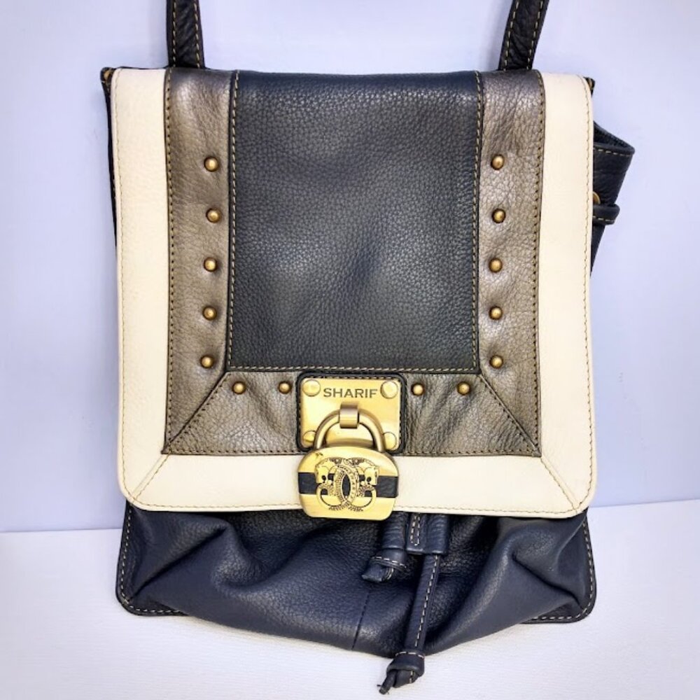 Sharif Designer Leather Crossbody Bag with Gold-Tone Lock Accent – Navy & Cream